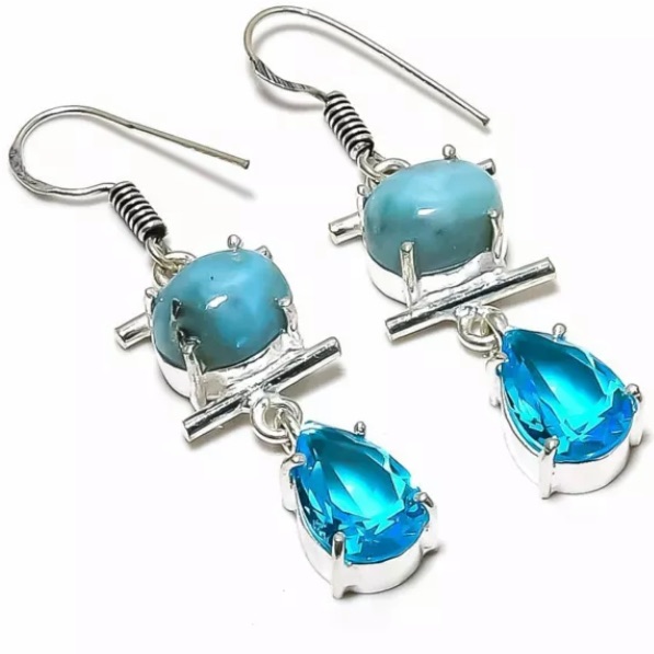 Genuine Larimar Blue Topaz Sterling Silver Earrings 19 48$